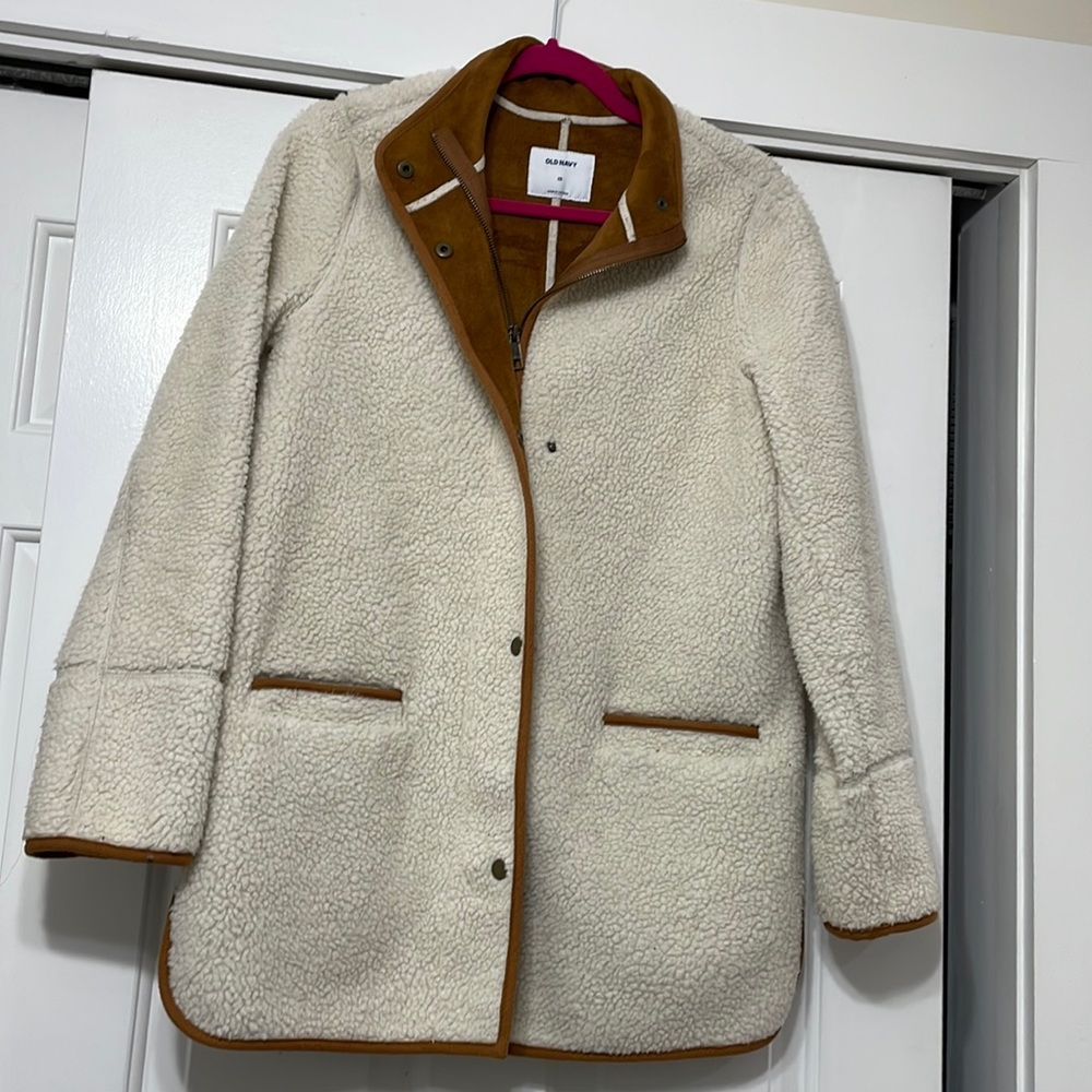 Old navy XS cream teddy coat with light brown suede lining